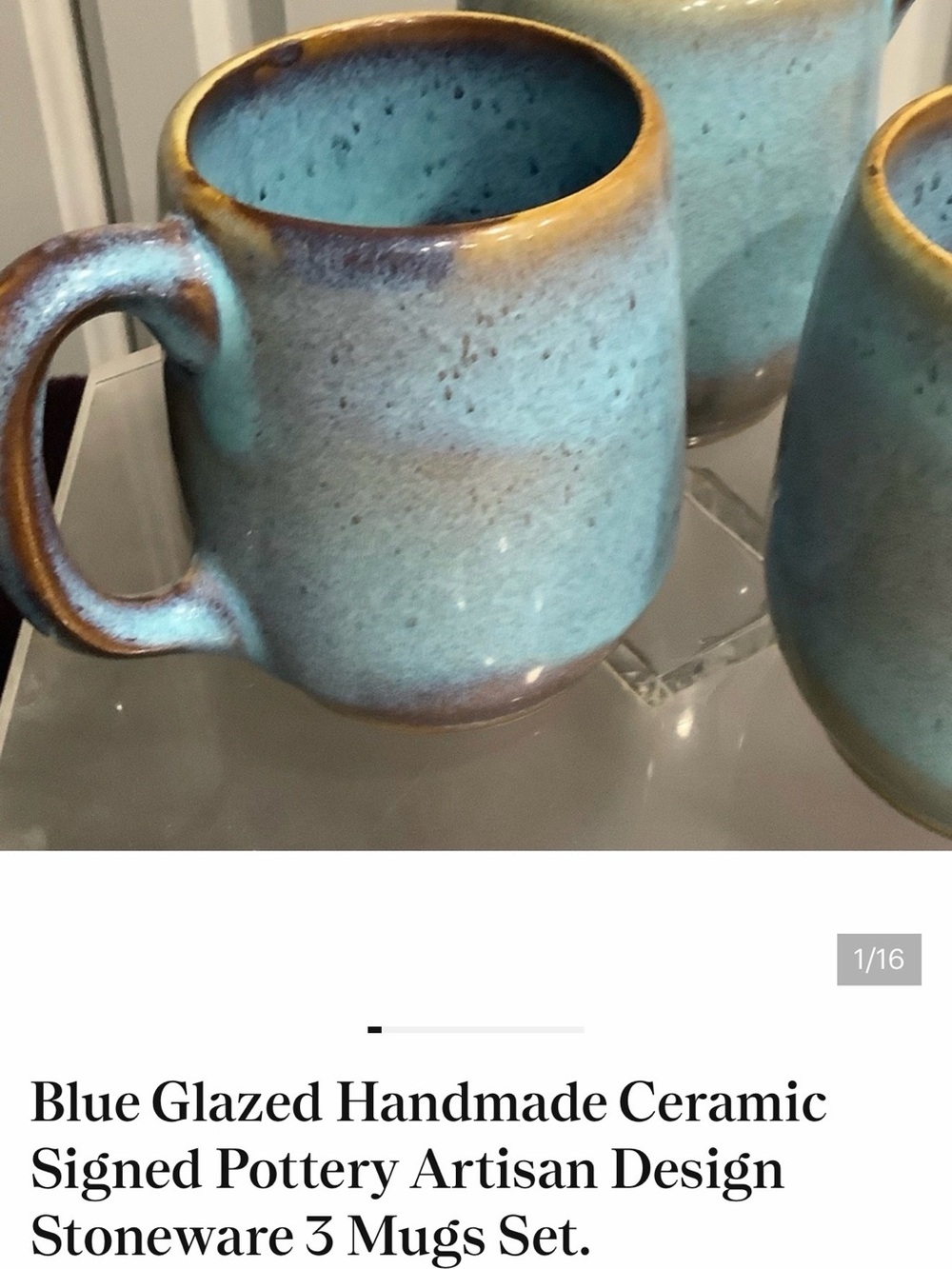 Handmade Blue Glazed Ceramic Mug - Set of 3